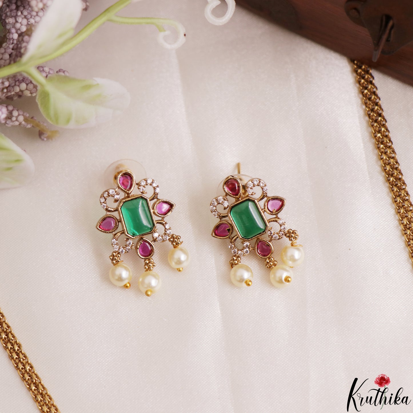 Sparkling Floral Peacock Motifs CZ Victorian Choker With Pearl Drops NC3182