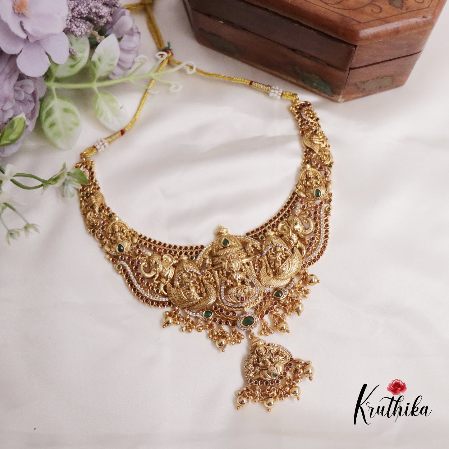 Premium Bridal Antique Temple Lakshmi Neckalce with Beads Drops NC2224 (Available in 2 Colors)