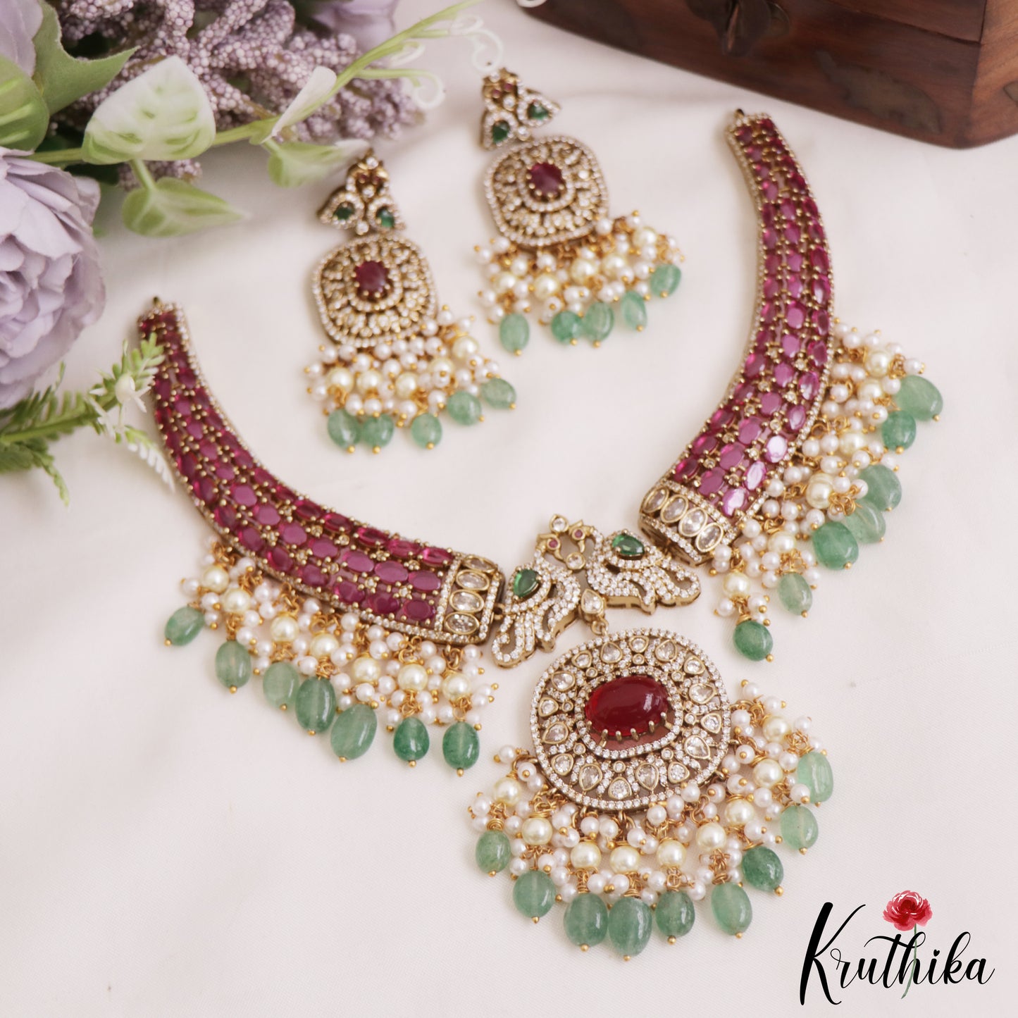 Gorgeous Peacock Motifs AD Choker With Pearl Bead Drops NC2798