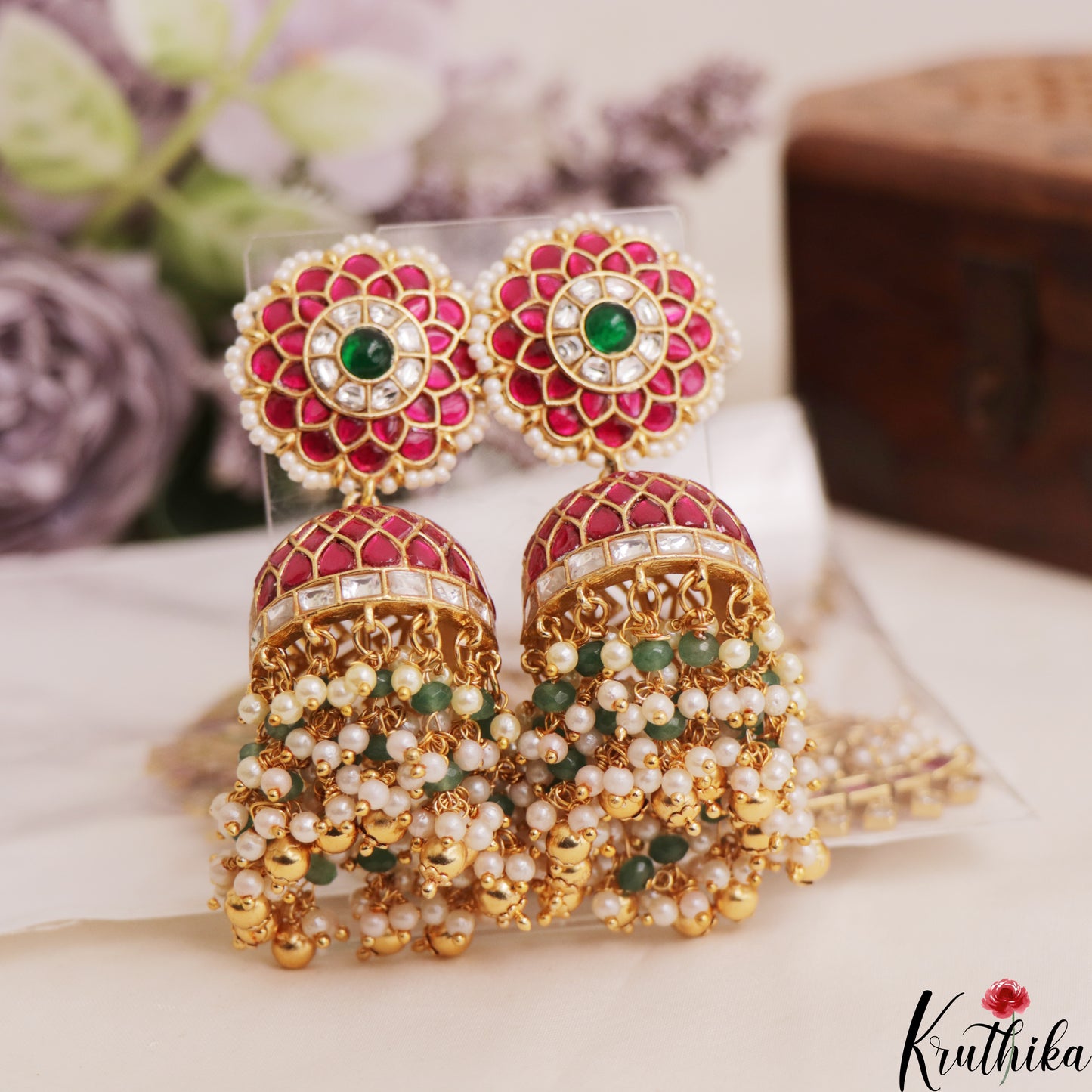 Gorgeous Floral Motifs Jadau Jhumkas With Pearl And Bead Drops E1068