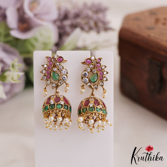 Elegant Peacock AD Jhumka Earrings With Pearl Drops E878 (Available In 3 Colors)