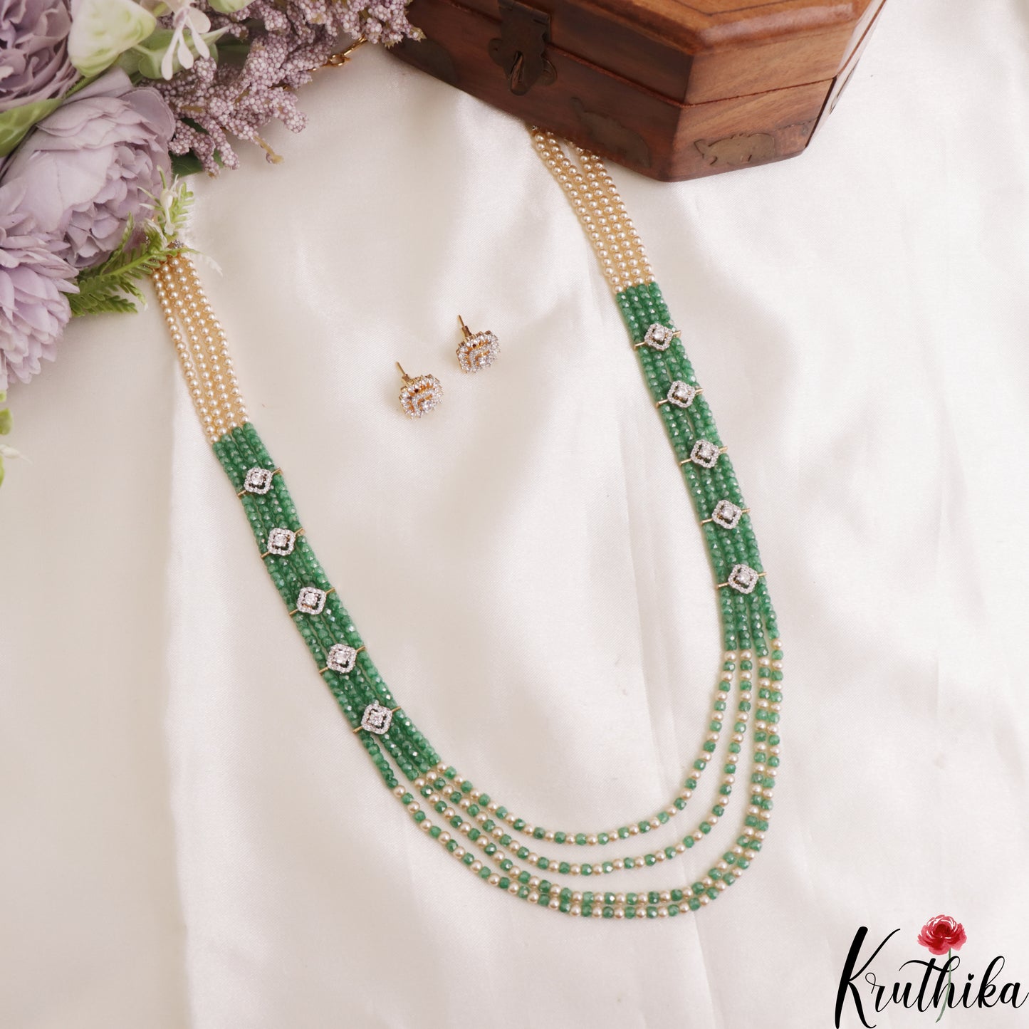 Trendy Multi Layered Crystal & Pearl Haaram With Floral Accents LH2129
