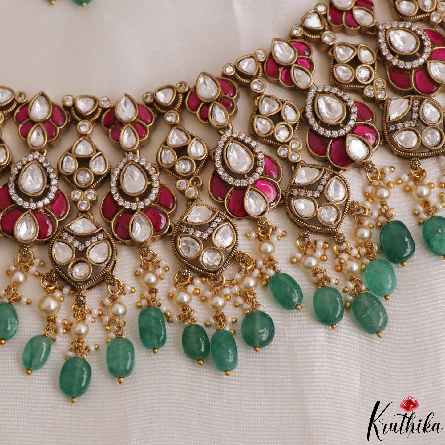 Grand Teardrop Motifs Moissanite Jadau Choker With Green Bead Drops NC3109