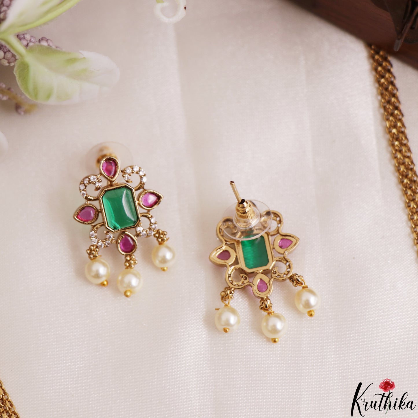 Sparkling Floral Peacock Motifs CZ Victorian Choker With Pearl Drops NC3182