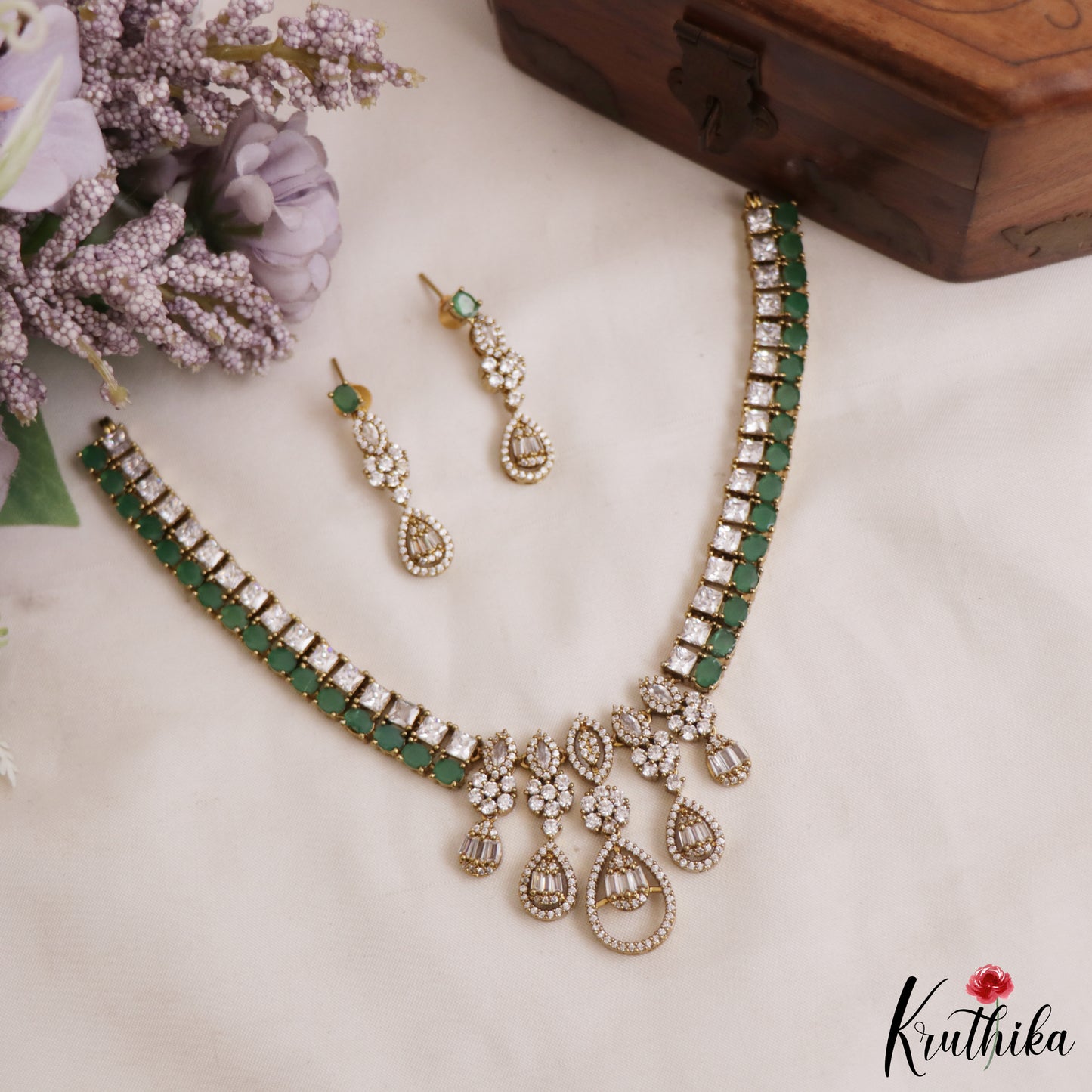 Beautiful Floral Teardrop Motifs AD Victorian Choker NC2963 (Available In 2 Colors)