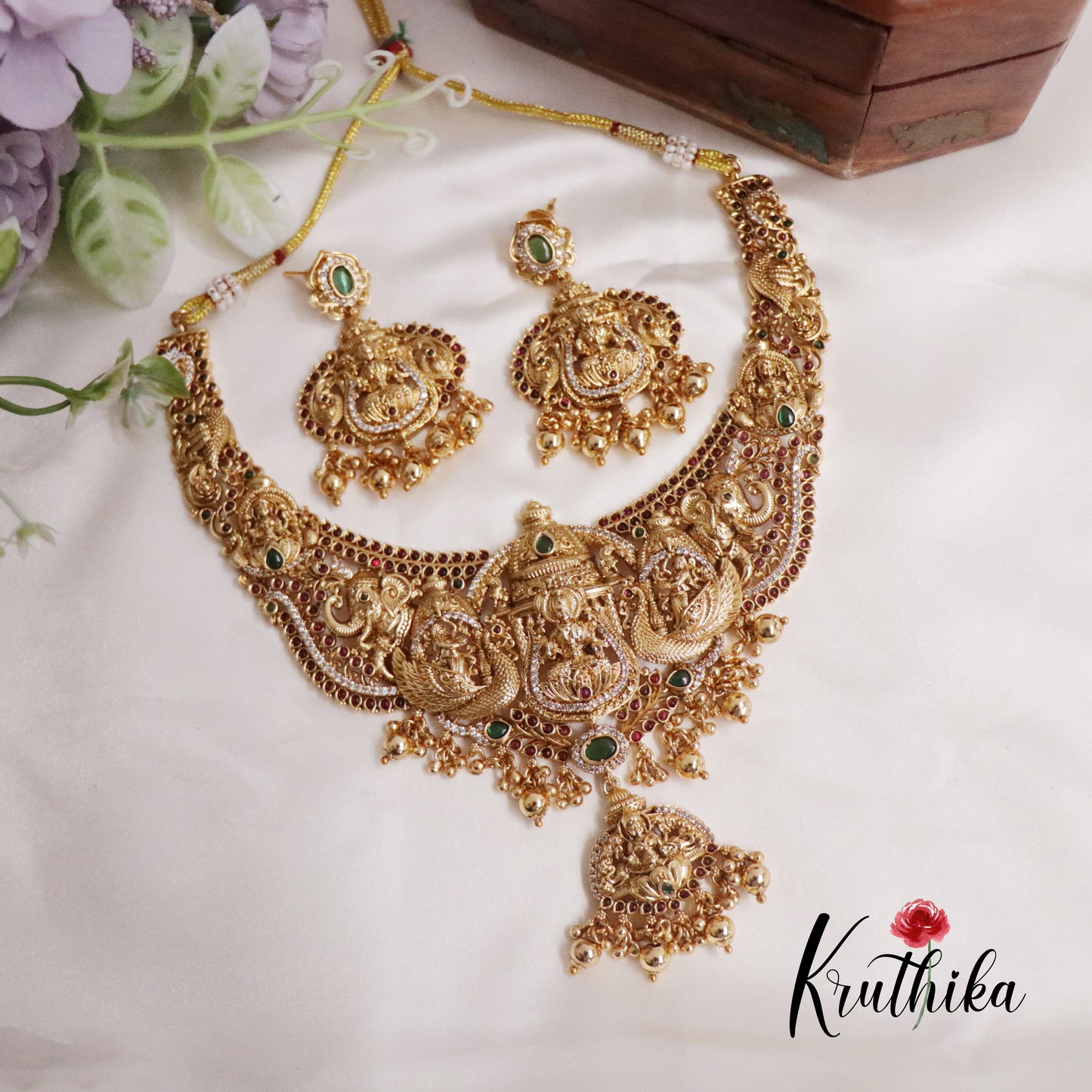 Premium Bridal Antique Temple Lakshmi Neckalce with Beads Drops NC2224 (Available in 2 Colors)