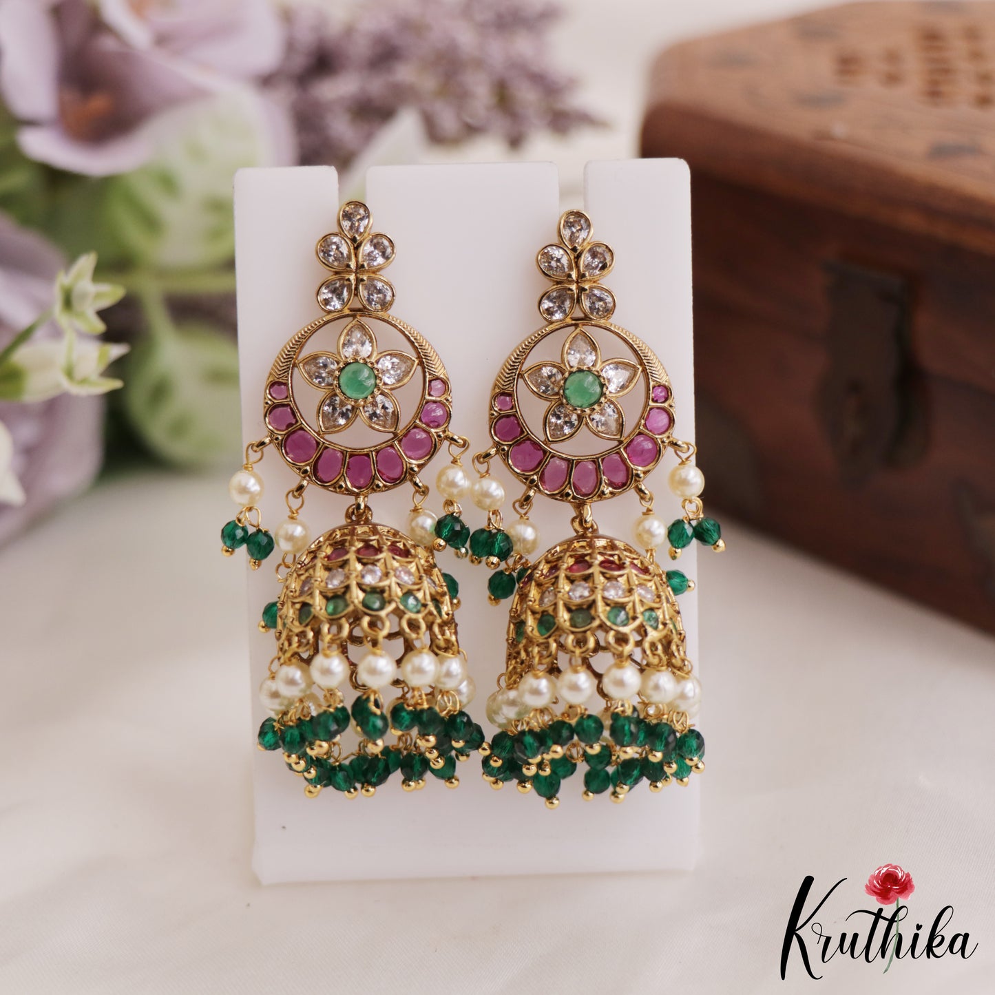 Gorgeous AD Floral Jhumka Earrings With Pearl And Beads Drops E877 (Available In 4 Colors)