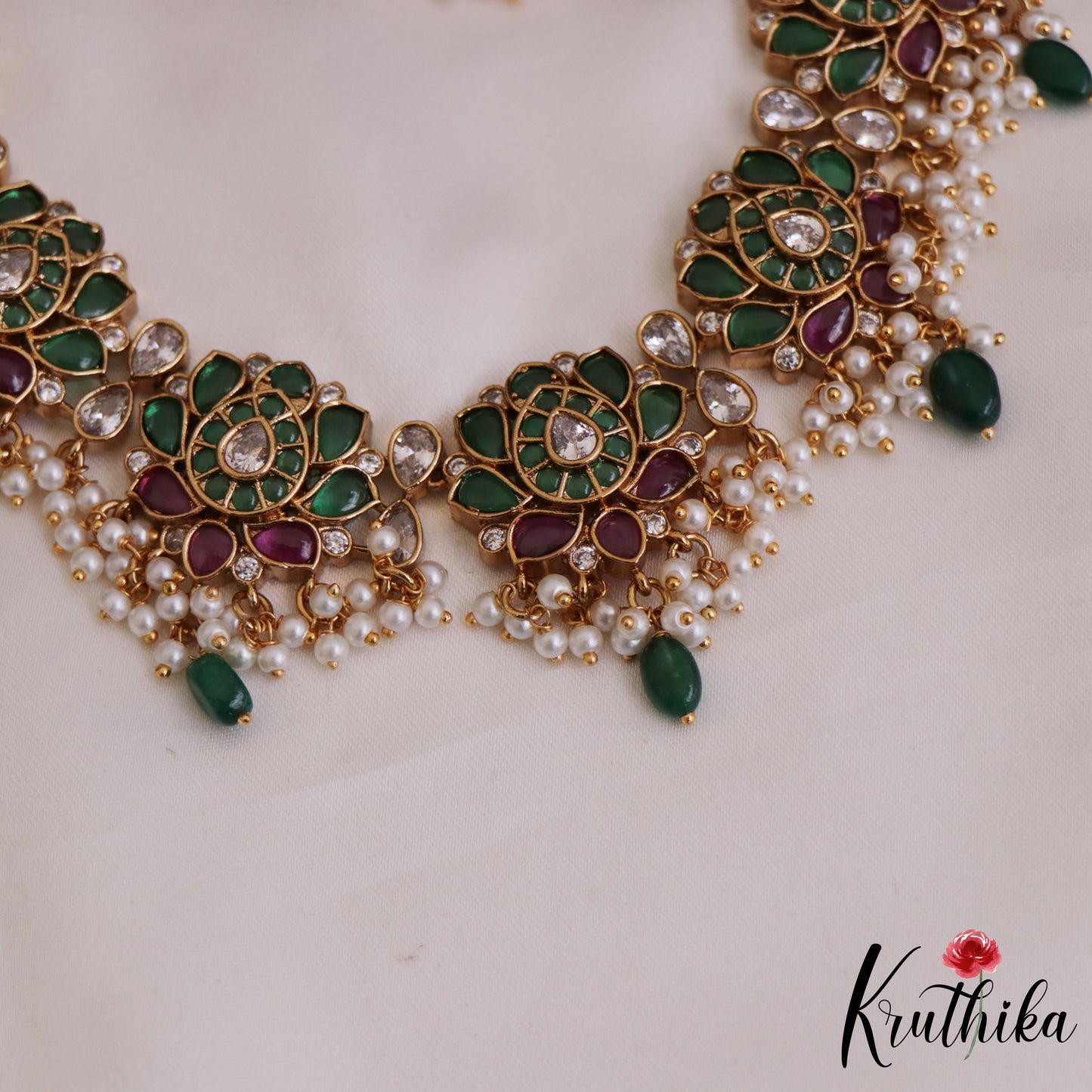 Elegant Lotus Motifs Kemp Guttapoosalu Choker With Green Drop NC2698 (Available In 2 Colors)