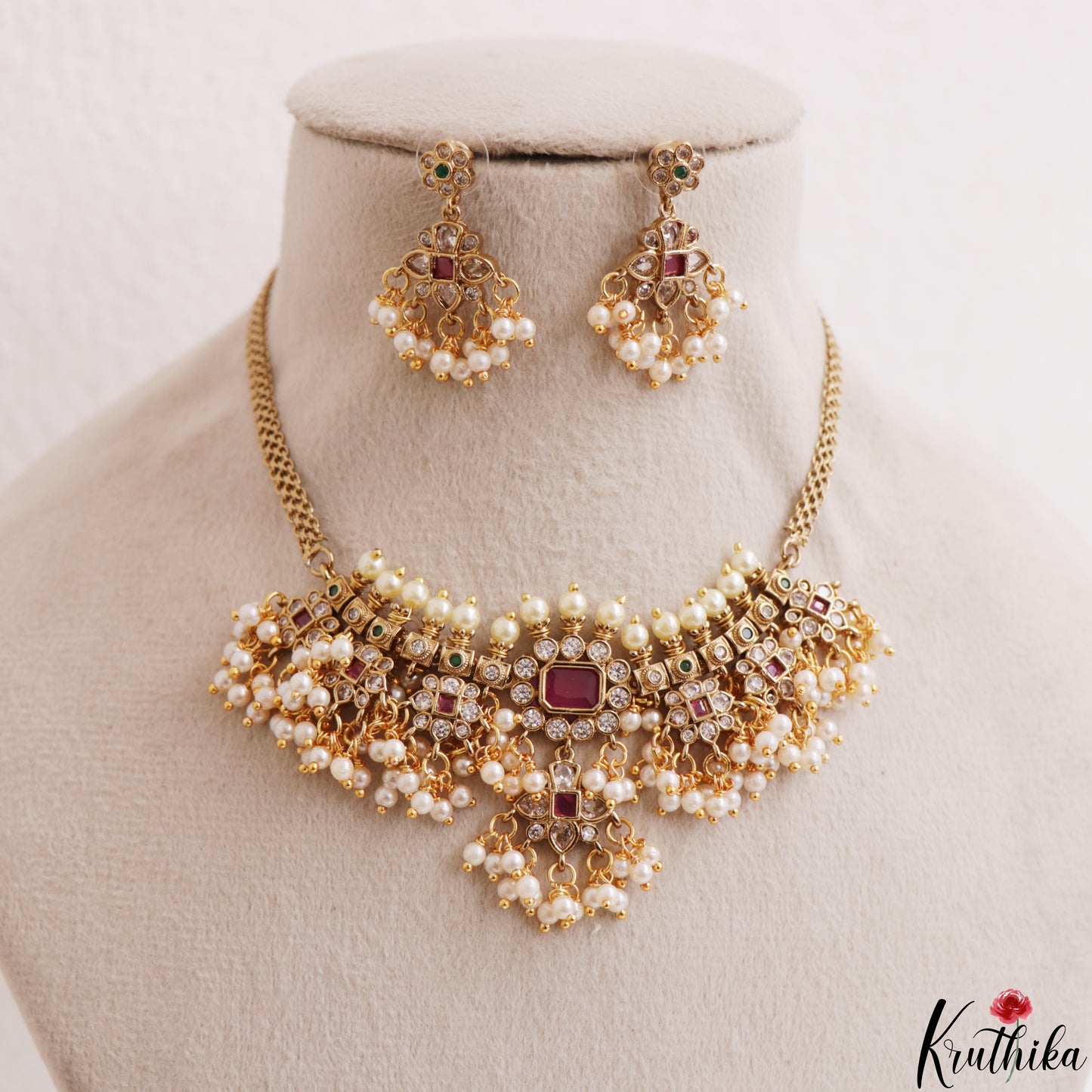 Beautiful CZ Floral Motifs Kemp Choker With Pearl Drops NC3183 (Available In 2 Colors)