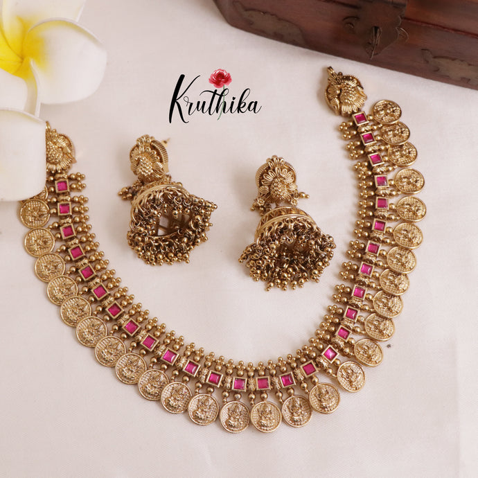 Premium Lakshmi Jadau Coin/Bottu Necklace NC2010 (Available in 4 Colours)