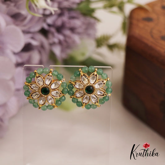 Simple Green Bead Border Floral Motifs AD Stud Earrings E983