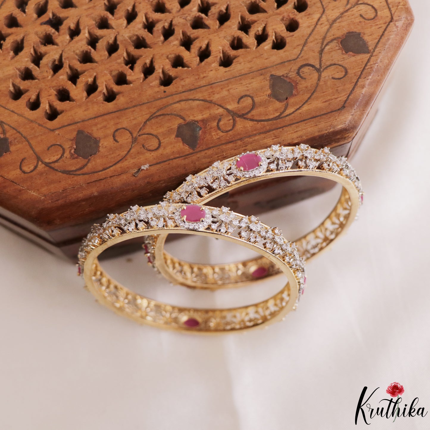 Elegant Floral Diamond-Finish Gold-Tone CZ Bangles B578 (Set of 2)|(Available In 2 Colors)