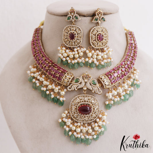 Gorgeous Peacock Motifs AD Choker With Pearl Bead Drops NC2798
