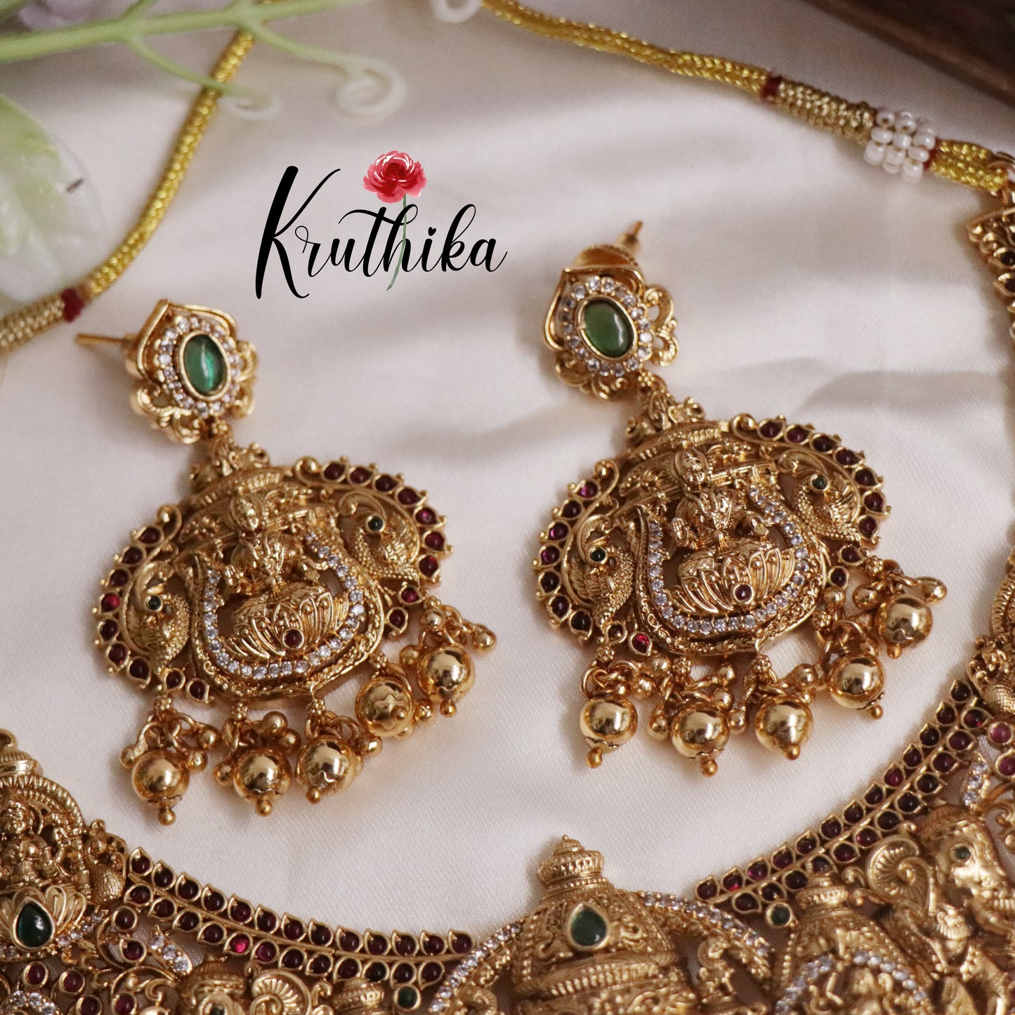 Premium Bridal Antique Temple Lakshmi Neckalce with Beads Drops NC2224 (Available in 2 Colors)