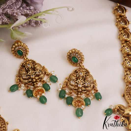 Gorgeous Antique Nagas Lakshmi Peacock Motifs Haaram With Green Bead Drops LH2066