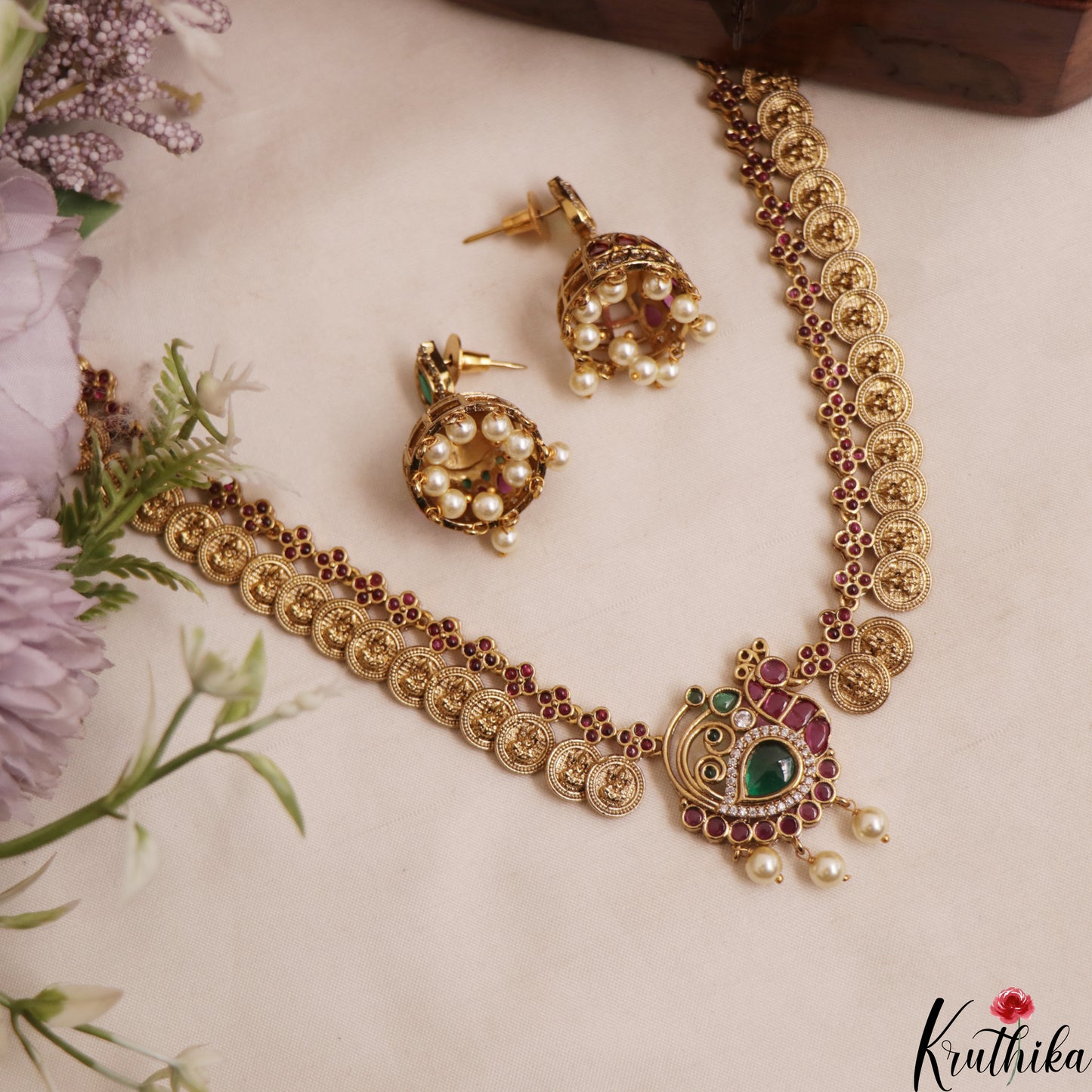 Beautiful Antique Peacock Lakshmi Kasu Necklace With Pearl Drops NC3003