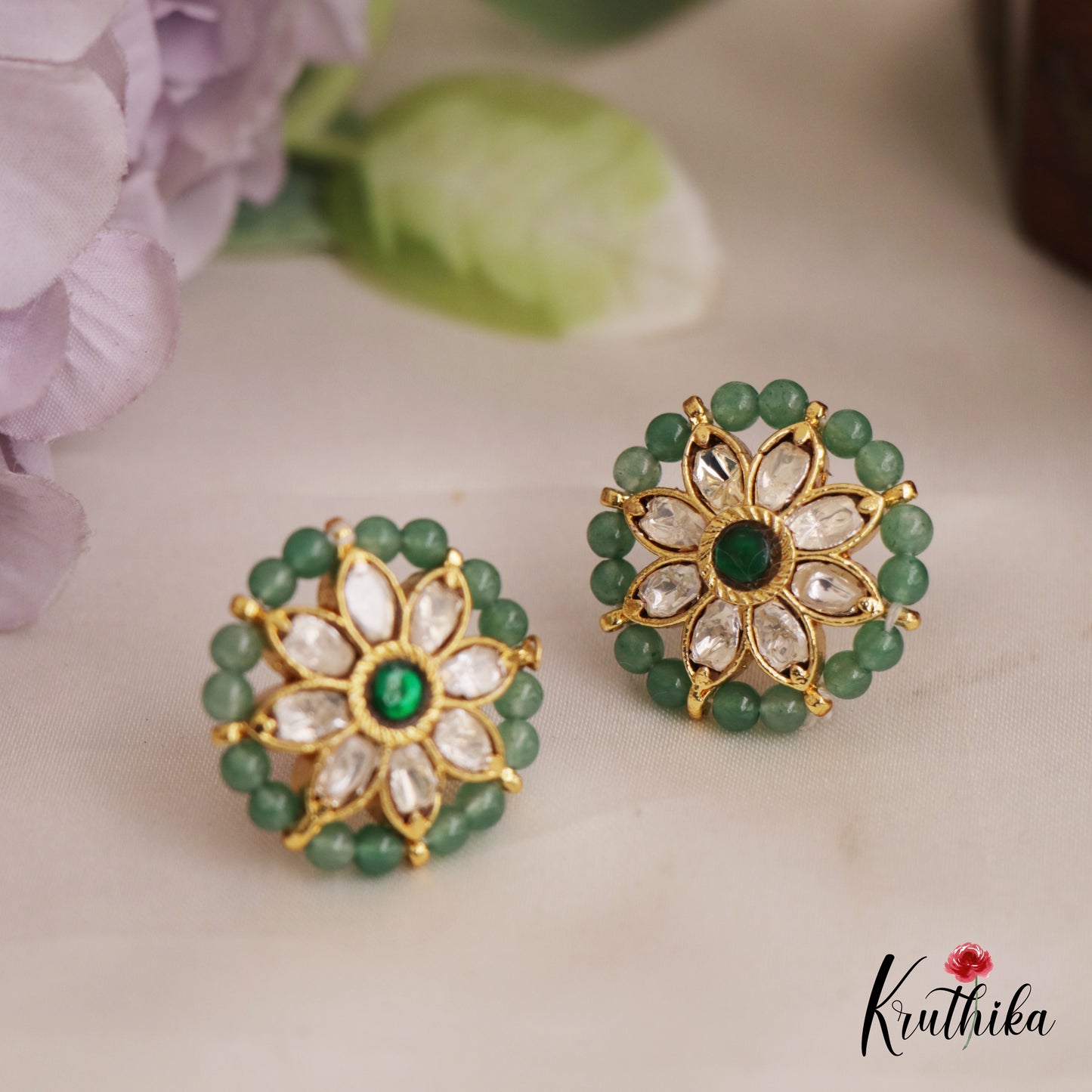 Simple Green Bead Border Floral Motifs AD Stud Earrings E983