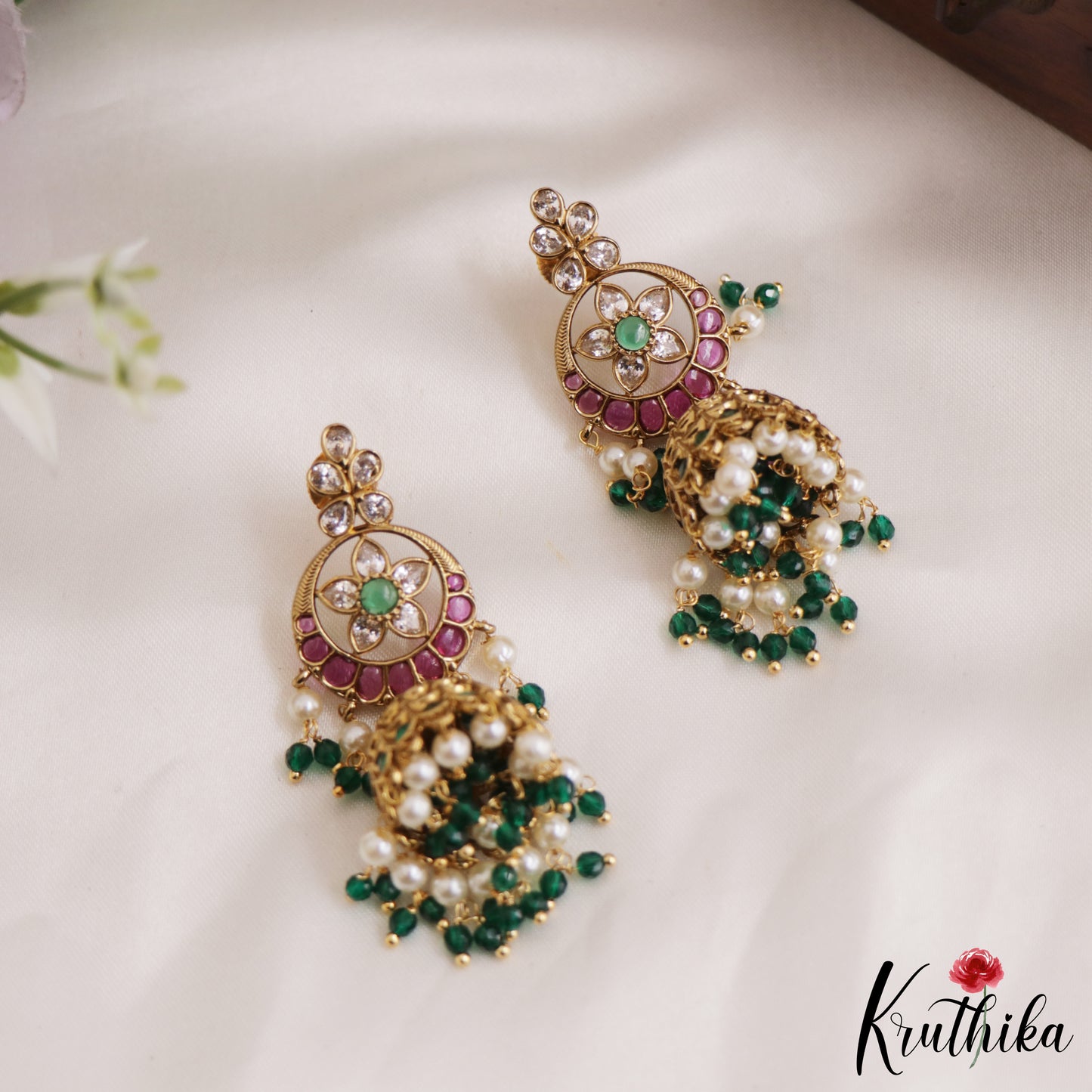 Gorgeous AD Floral Jhumka Earrings With Pearl And Beads Drops E877 (Available In 4 Colors)
