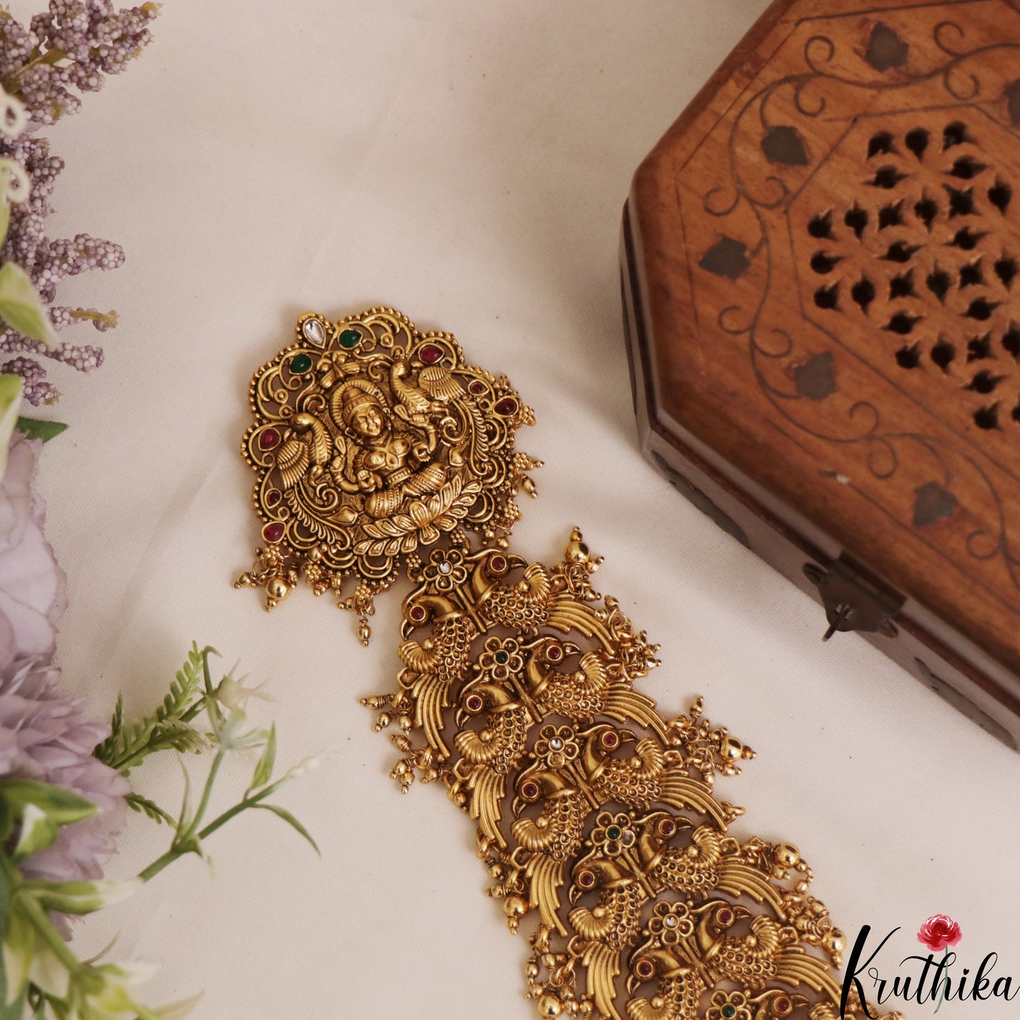 Premium Antique Nagas Lakshmi Peacock Motifs Jada Billa With Bead Drops J392 (Available In 2 Colors)