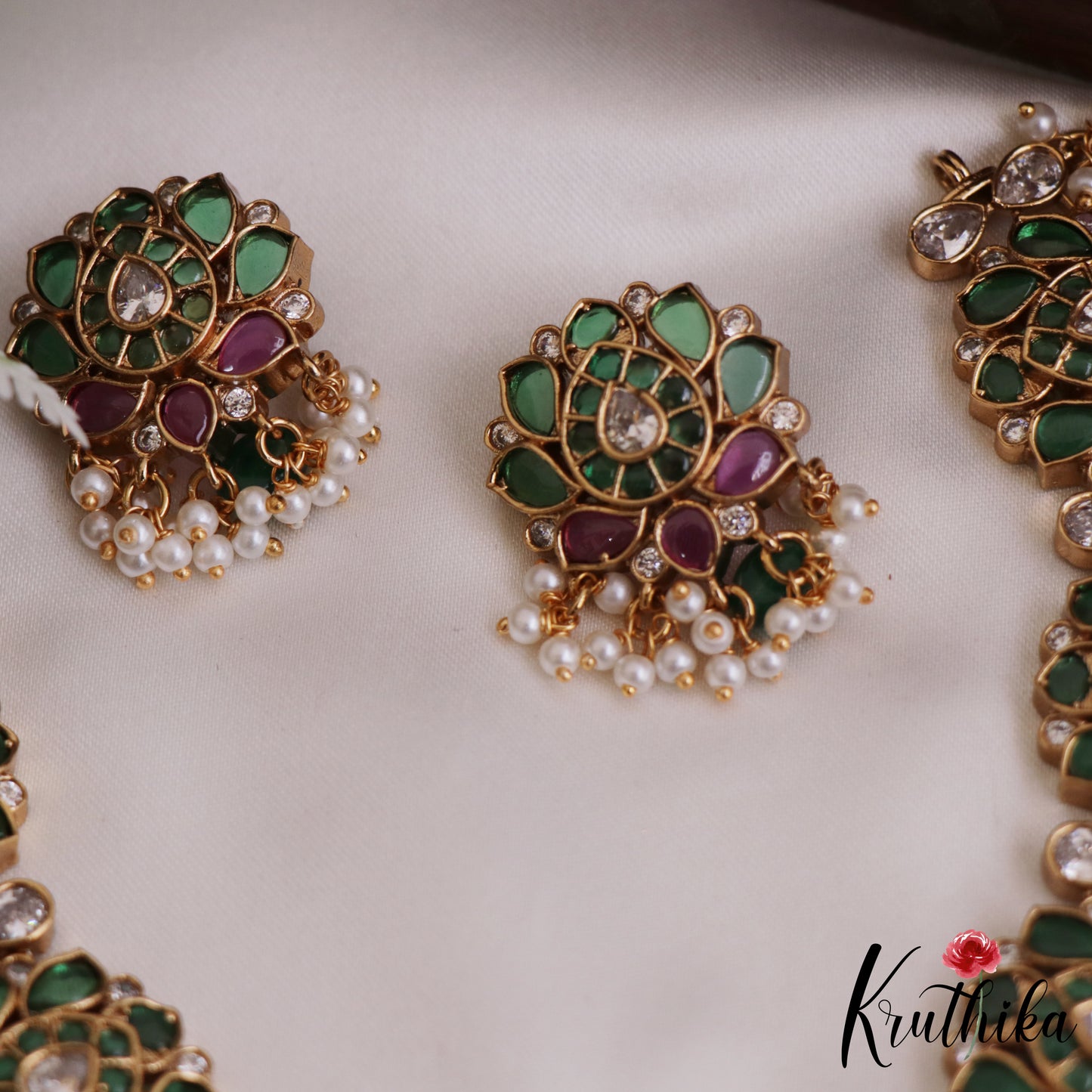 Elegant Lotus Motifs Kemp Guttapoosalu Choker With Green Drop NC2698 (Available In 2 Colors)