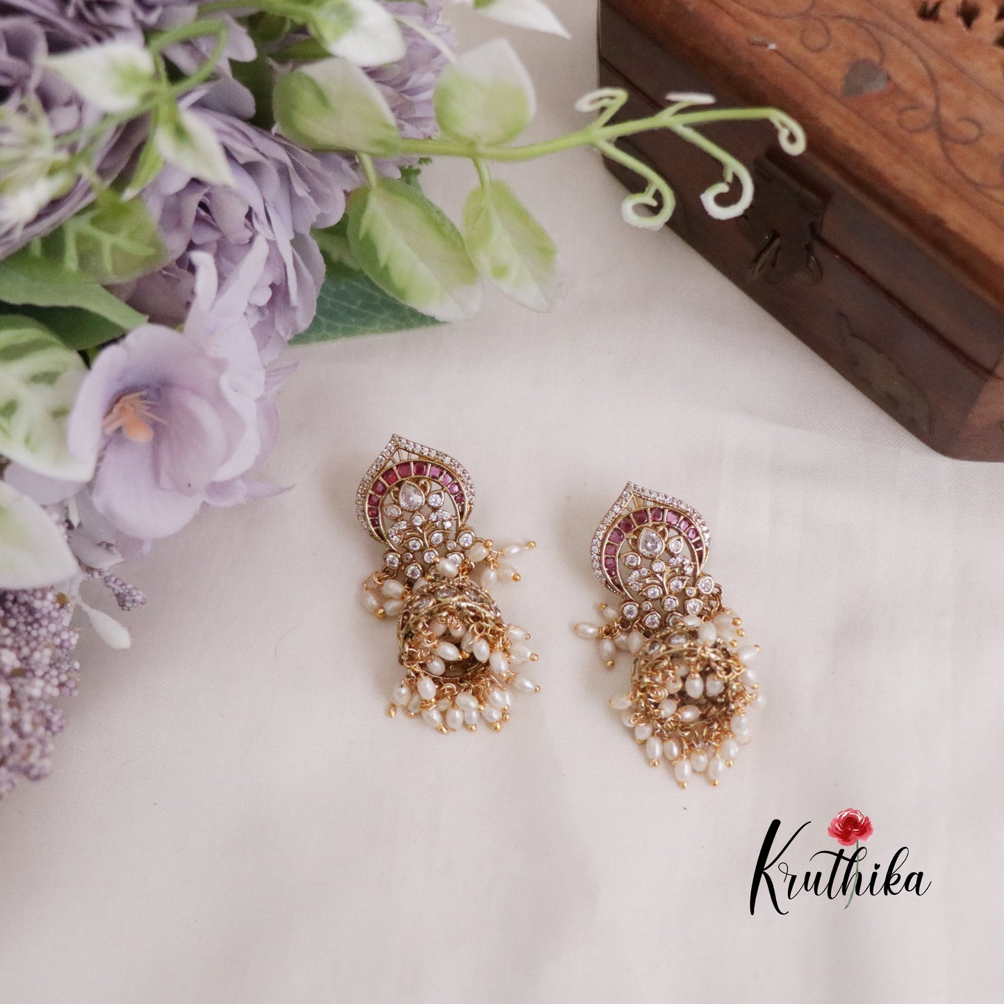 Beautiful Antique Kemp Ruby Jhumkas with Pearl Drops E644