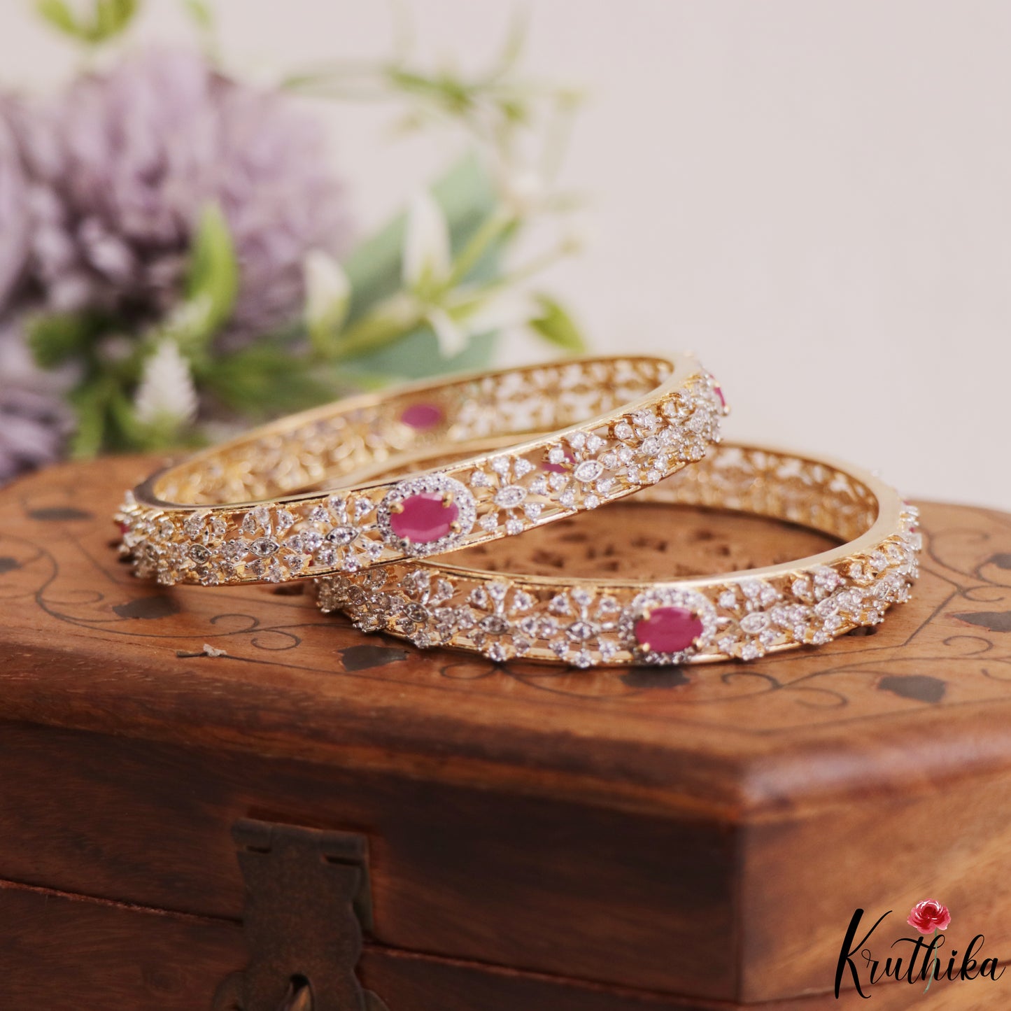 Elegant Floral Diamond-Finish Gold-Tone CZ Bangles B578 (Set of 2)|(Available In 2 Colors)