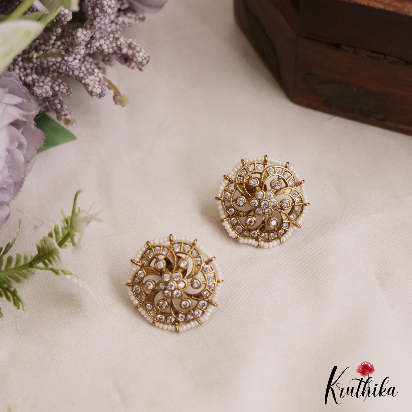 Elegant Pearl Border Floral Stud Earrings E1088 (Available In 3 Colors)
