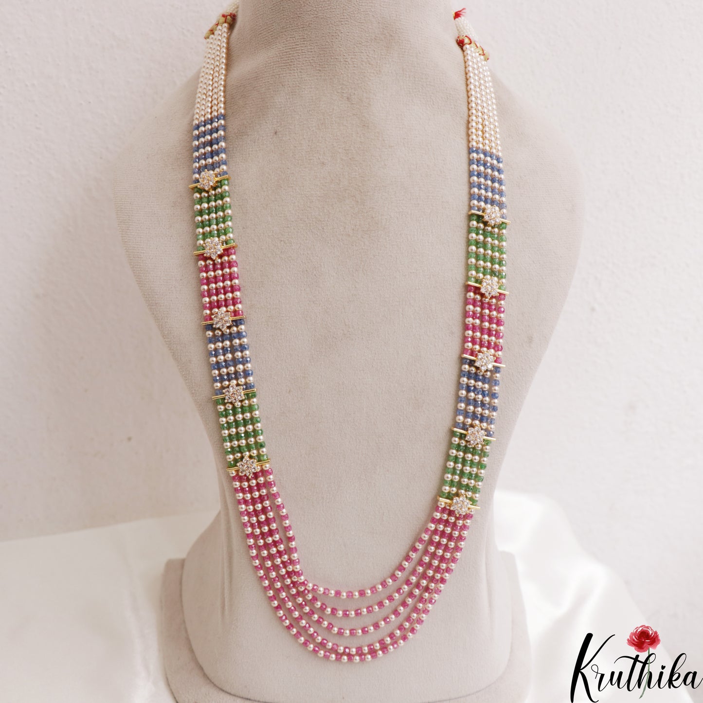 Sparkling Multi Layered crystal & Pearl statement Haaram with floral accents LH2081 (Available In 16 Colors)