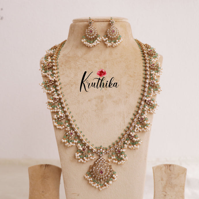 Elegant Victorian AD Stones Guttaposalu Harram with Pastel Green Beads Drops LH1858