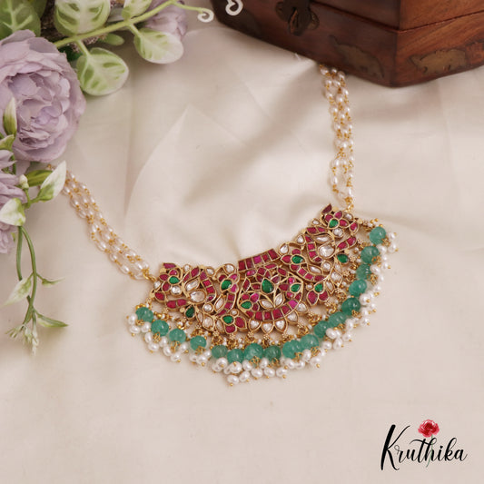 Premium Floral Peacock Jadau Choker With Bead And Pearl Drops NC2575