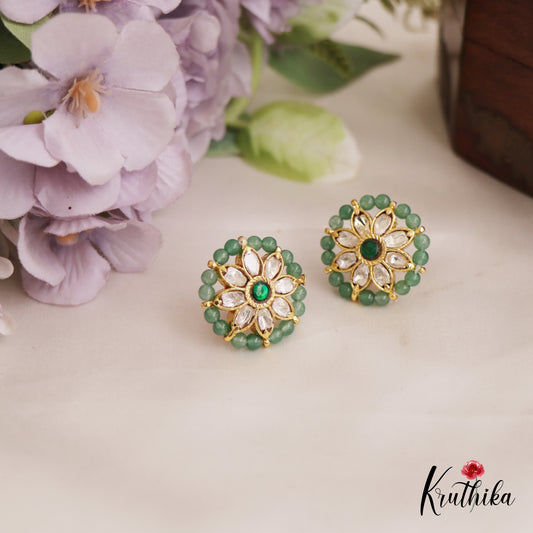 Simple Green Bead Border Floral Motifs AD Stud Earrings E983
