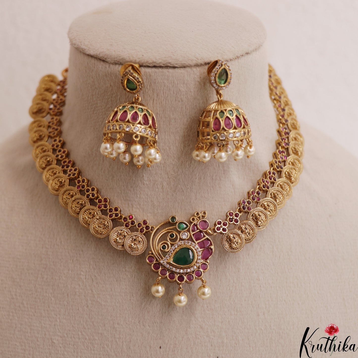 Beautiful Antique Peacock Lakshmi Kasu Necklace With Pearl Drops NC3003