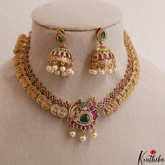 Beautiful Antique Peacock Lakshmi Kasu Necklace With Pearl Drops NC3003