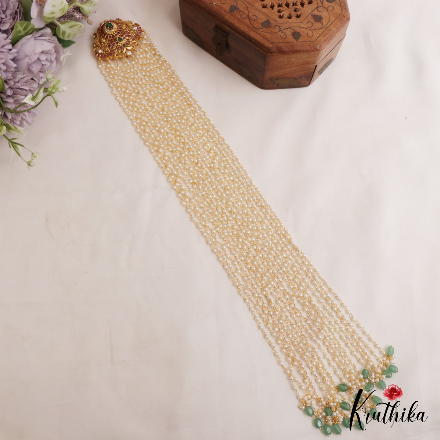 Elegant Lotus Peacock Motifs Multi Pearl Strand Kemp Jada Billa With Green Bead Drops J382 (Available In 2 Colors)