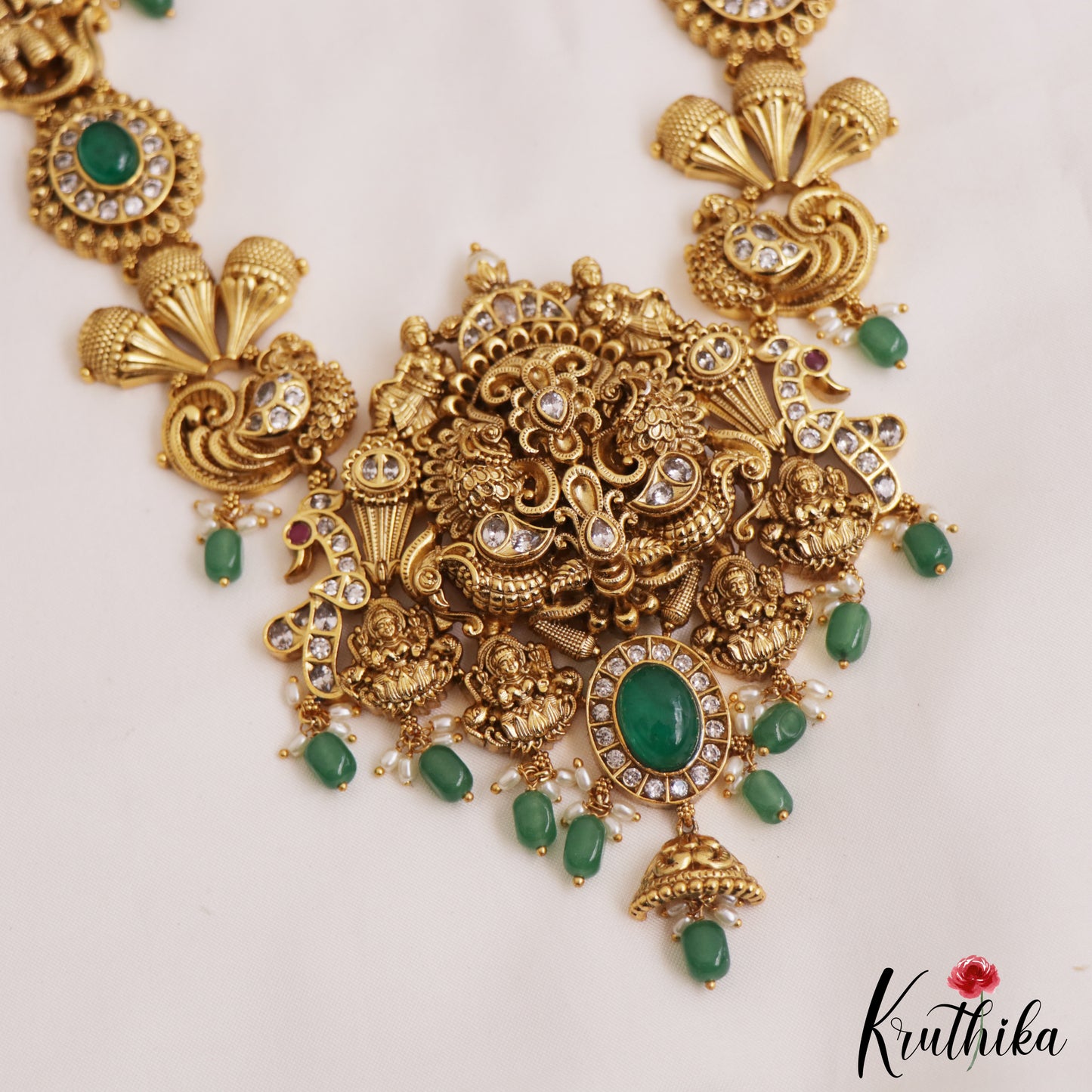 Gorgeous Antique Nagas Lakshmi Peacock Motifs Haaram With Green Bead Drops LH2066