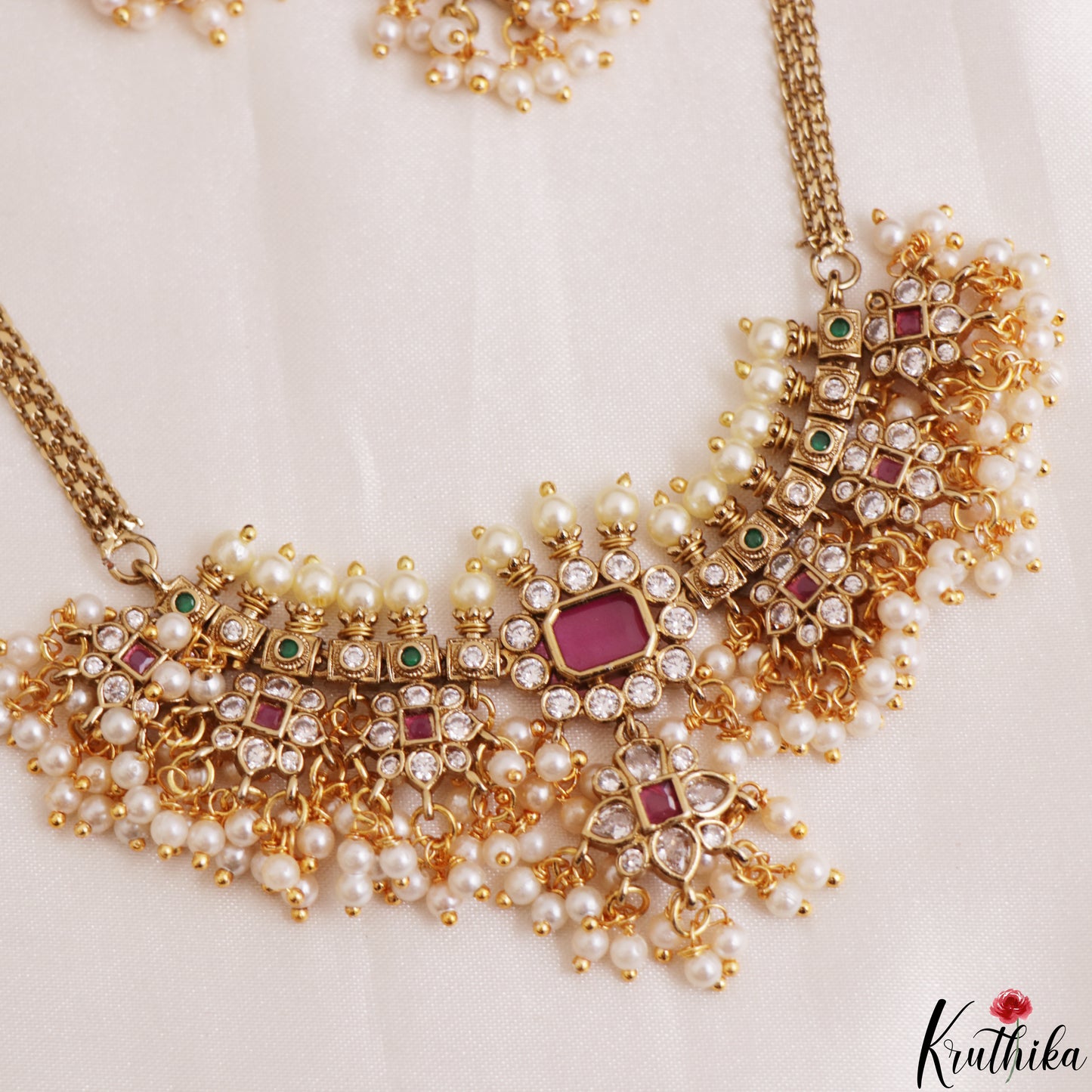 Beautiful CZ Floral Motifs Kemp Choker With Pearl Drops NC3183 (Available In 2 Colors)