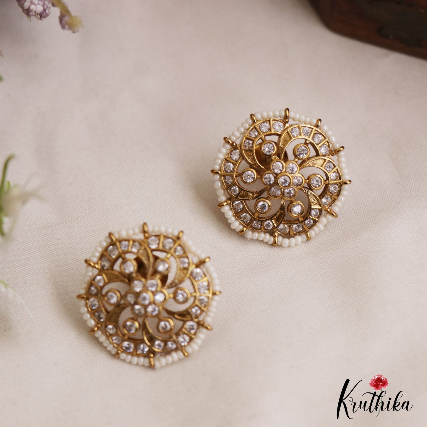Elegant Pearl Border Floral Stud Earrings E1088 (Available In 3 Colors)