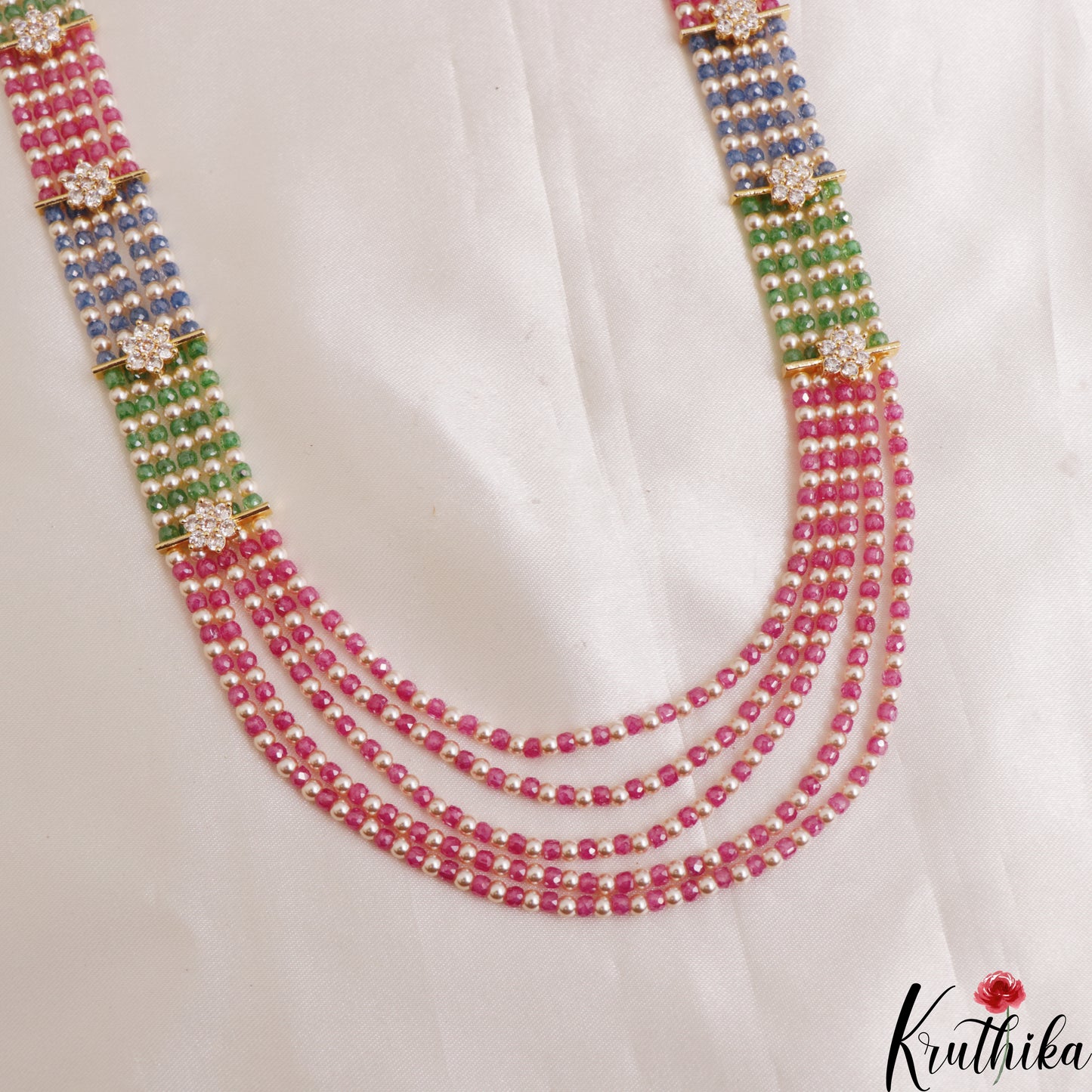 Sparkling Multi Layered crystal & Pearl statement Haaram with floral accents LH2081 (Available In 16 Colors)