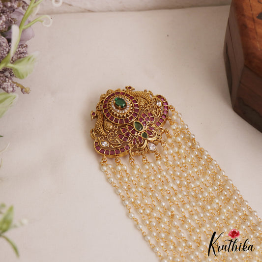 Elegant Lotus Peacock Motifs Multi Pearl Strand Kemp Jada Billa With Green Bead Drops J382 (Available In 2 Colors)