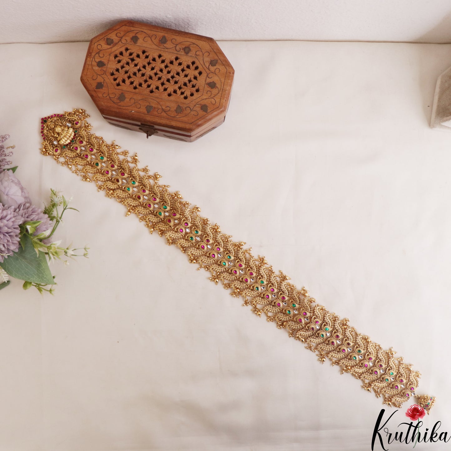 Premium Antique Nagas Lakshmi Peacock Motifs Jada Billa With Bead Drops J392 (Available In 2 Colors)