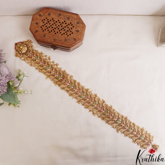 Premium Antique Nagas Lakshmi Peacock Motifs Jada Billa With Bead Drops J392 (Available In 2 Colors)