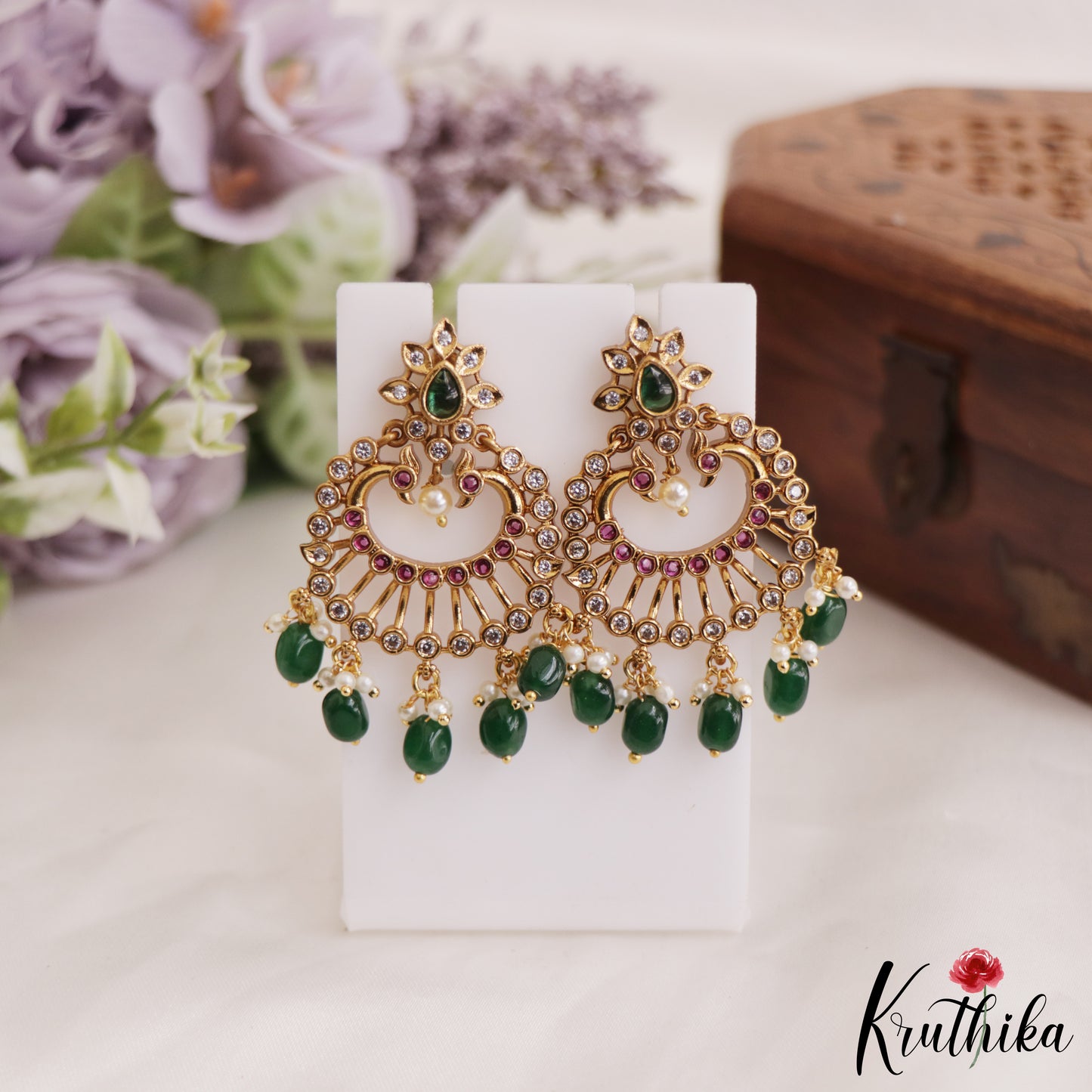 Stunning Peacock Floral Motifs  chandbali Earrings With Pearl And Bead Drops E886 (Available In 2 Colors)