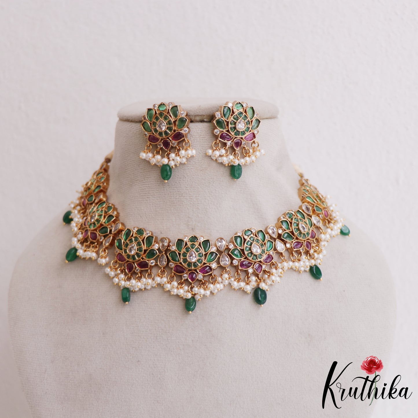 Elegant Lotus Motifs Kemp Guttapoosalu Choker With Green Drop NC2698 (Available In 2 Colors)
