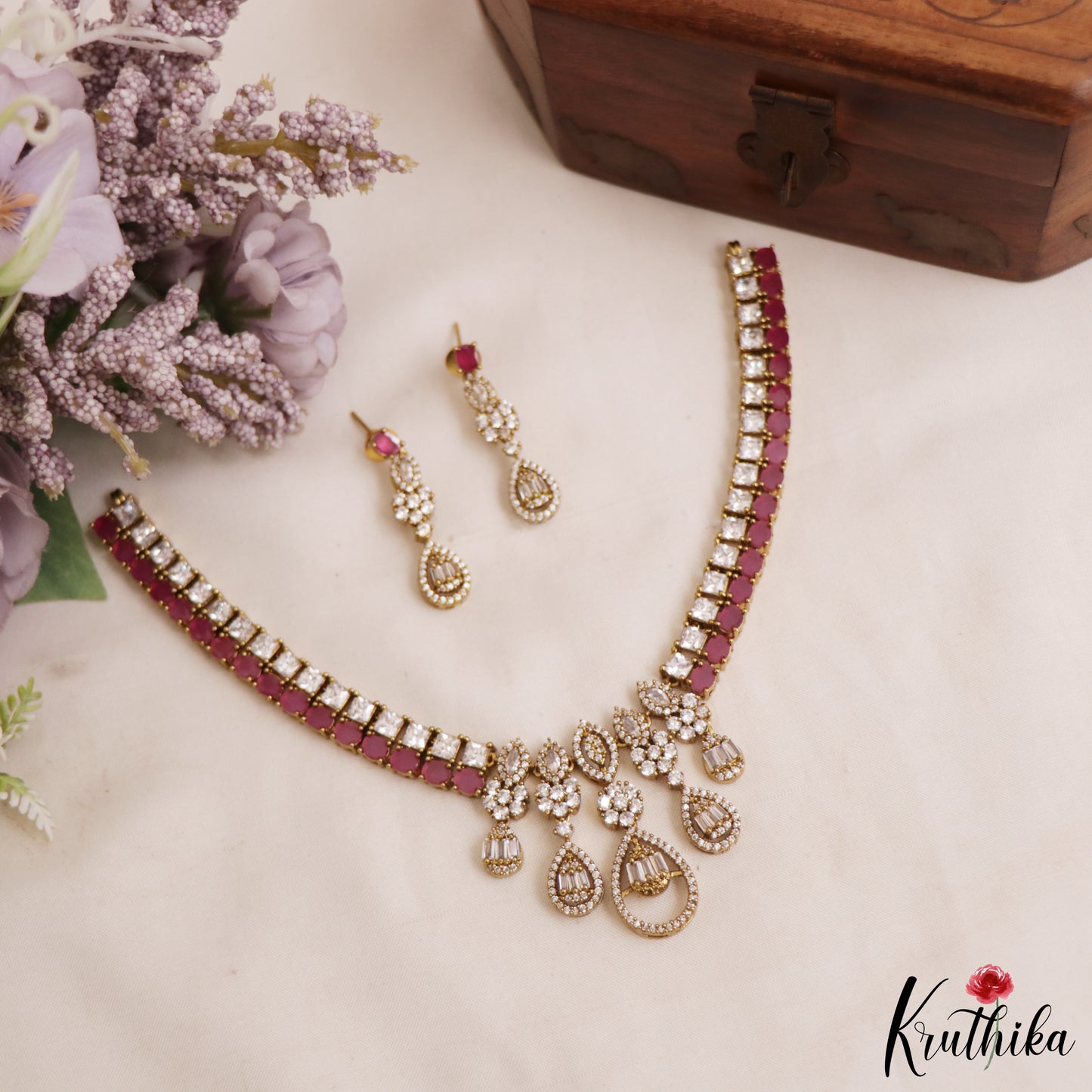 Beautiful Floral Teardrop Motifs AD Victorian Choker NC2963 (Available In 2 Colors)