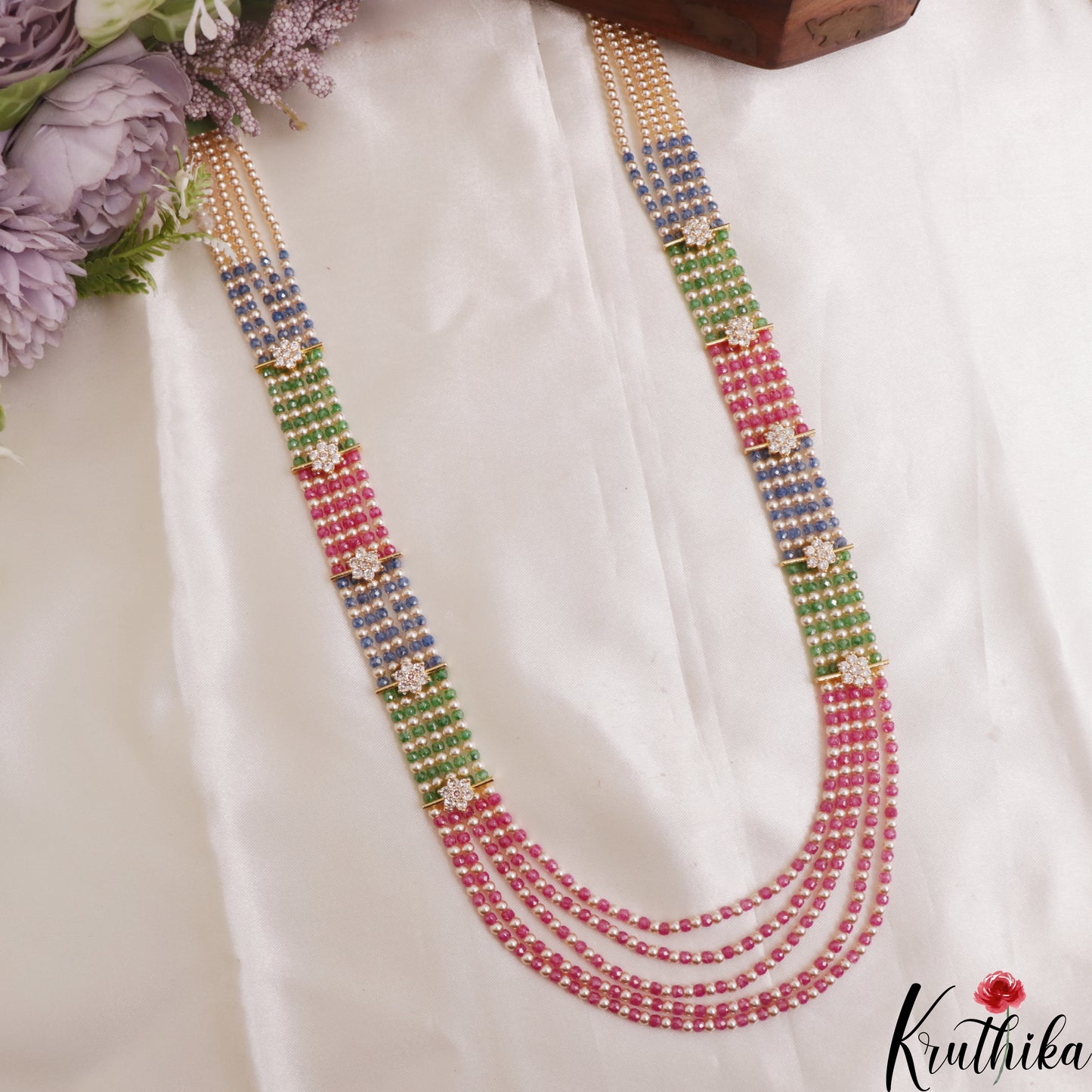 Sparkling Multi Layered crystal & Pearl statement Haaram with floral accents LH2081 (Available In 16 Colors)