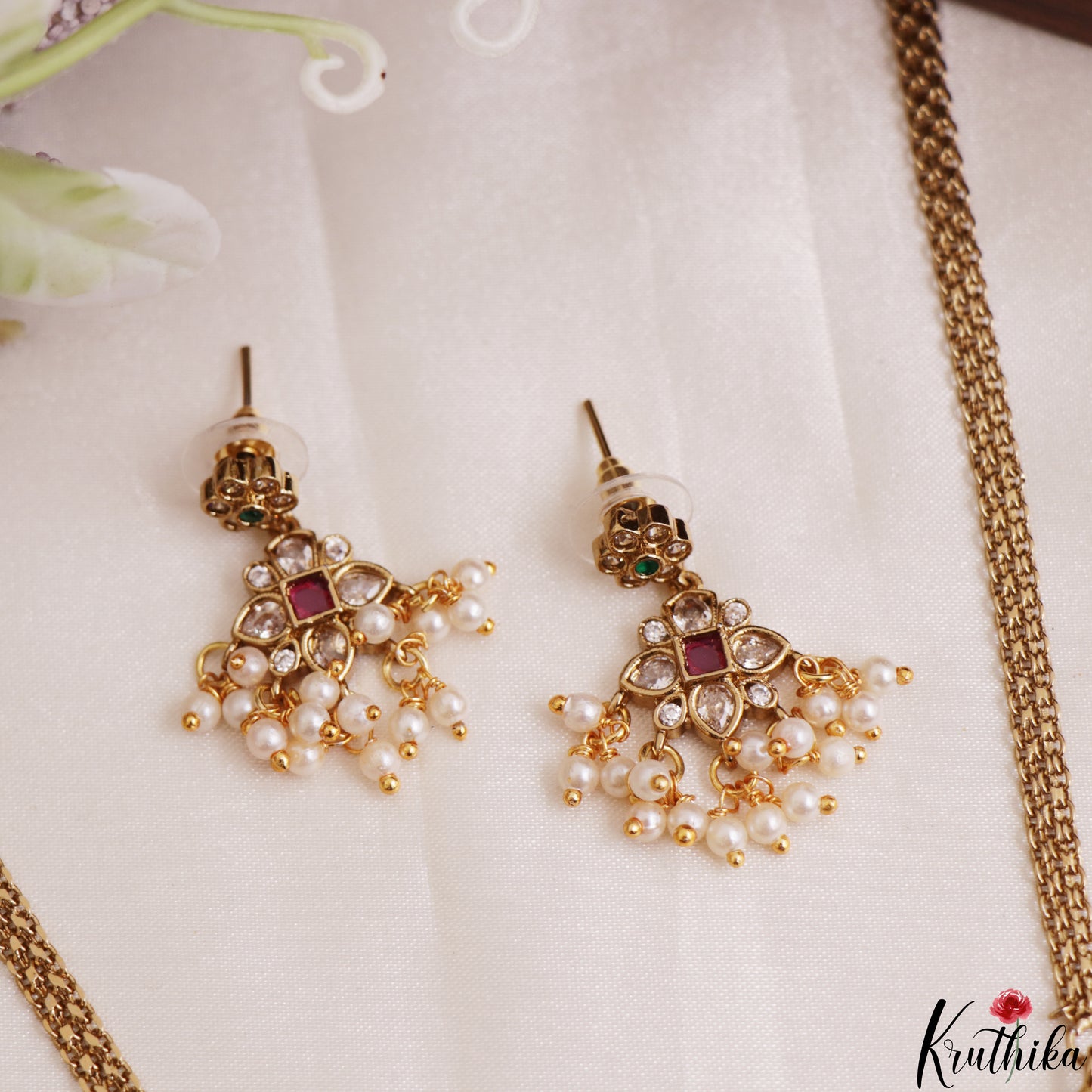 Beautiful CZ Floral Motifs Kemp Choker With Pearl Drops NC3183 (Available In 2 Colors)