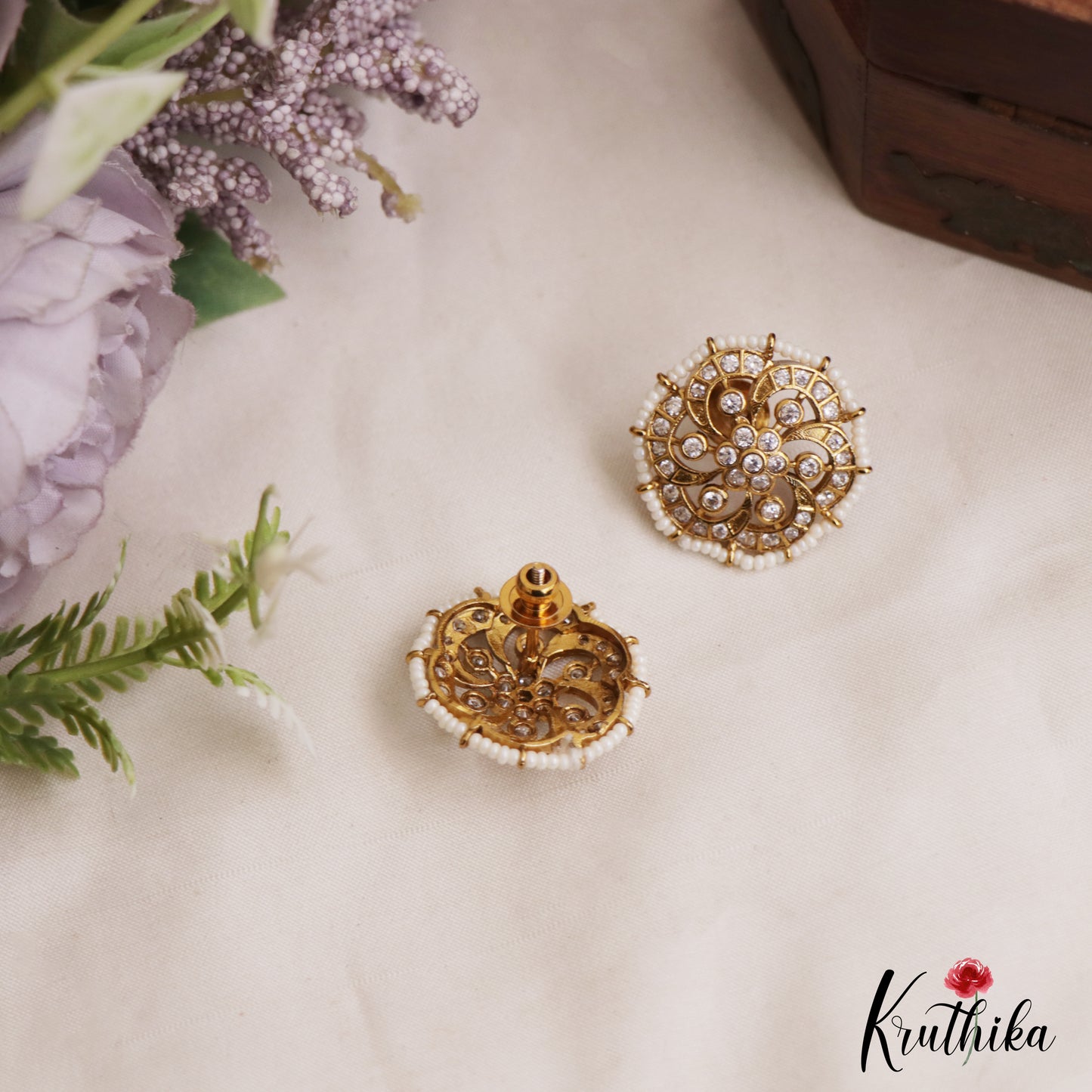 Elegant Pearl Border Floral Stud Earrings E1088 (Available In 3 Colors)