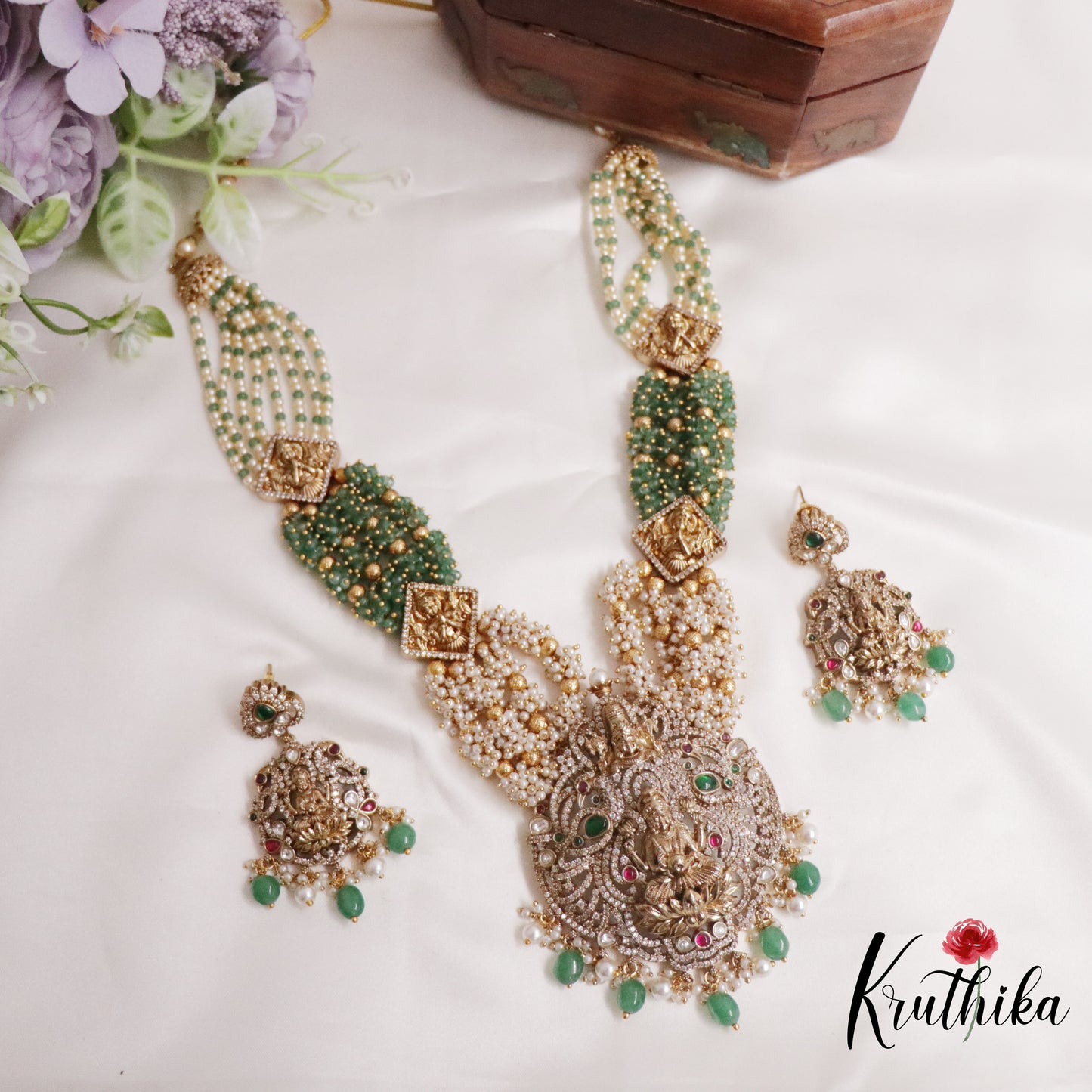 Beautiful CZ Pearls Temple Lakshmi Pendant Necklace Set NC2244