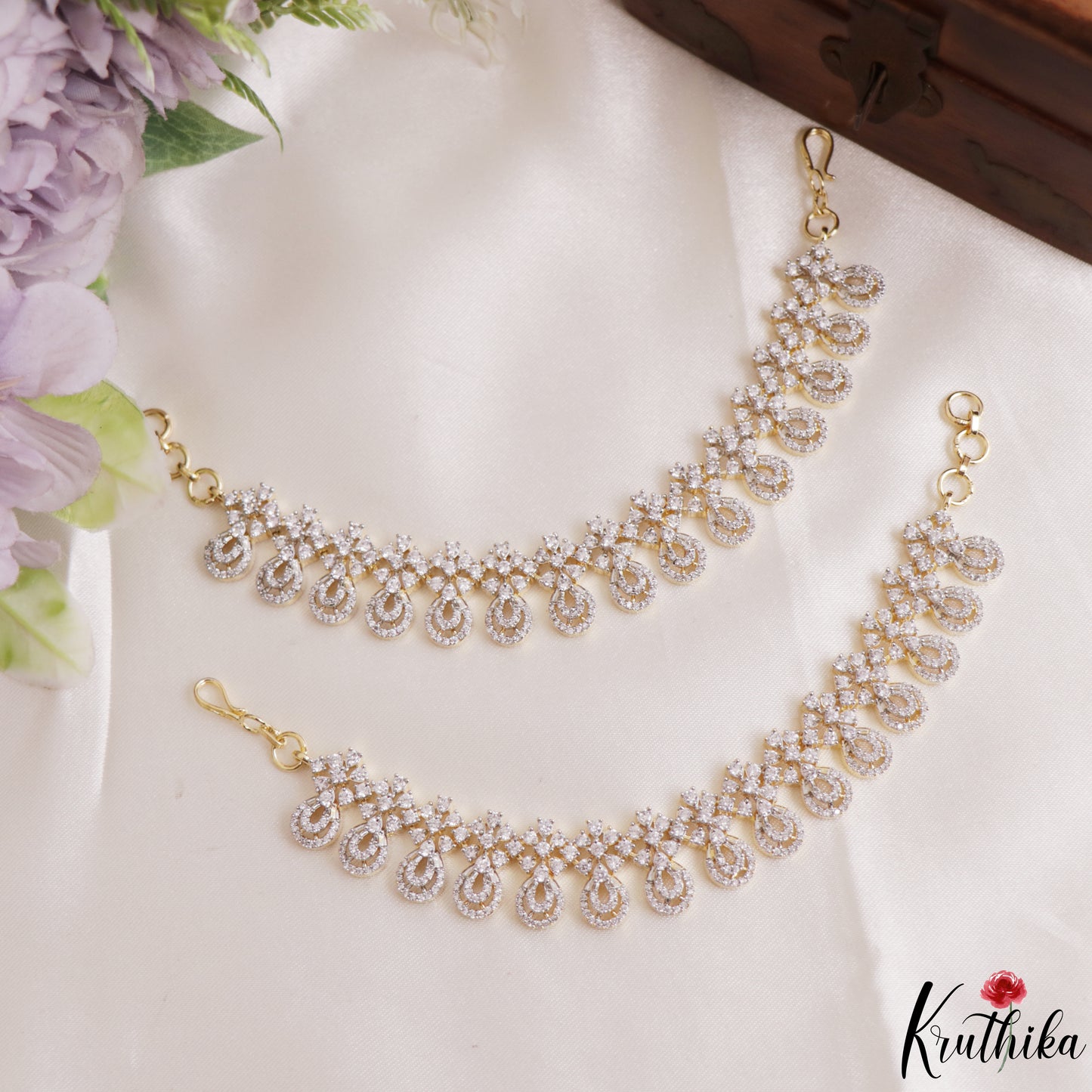 Trendy Floral Teardrop Motifs Gold-Tone CZ Earchains EC232