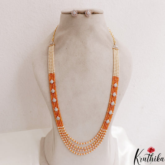 Elegant Multi Layered Crystal & Pearl Haaram With Floral Accents LH2130 (Available In 6 Colors)